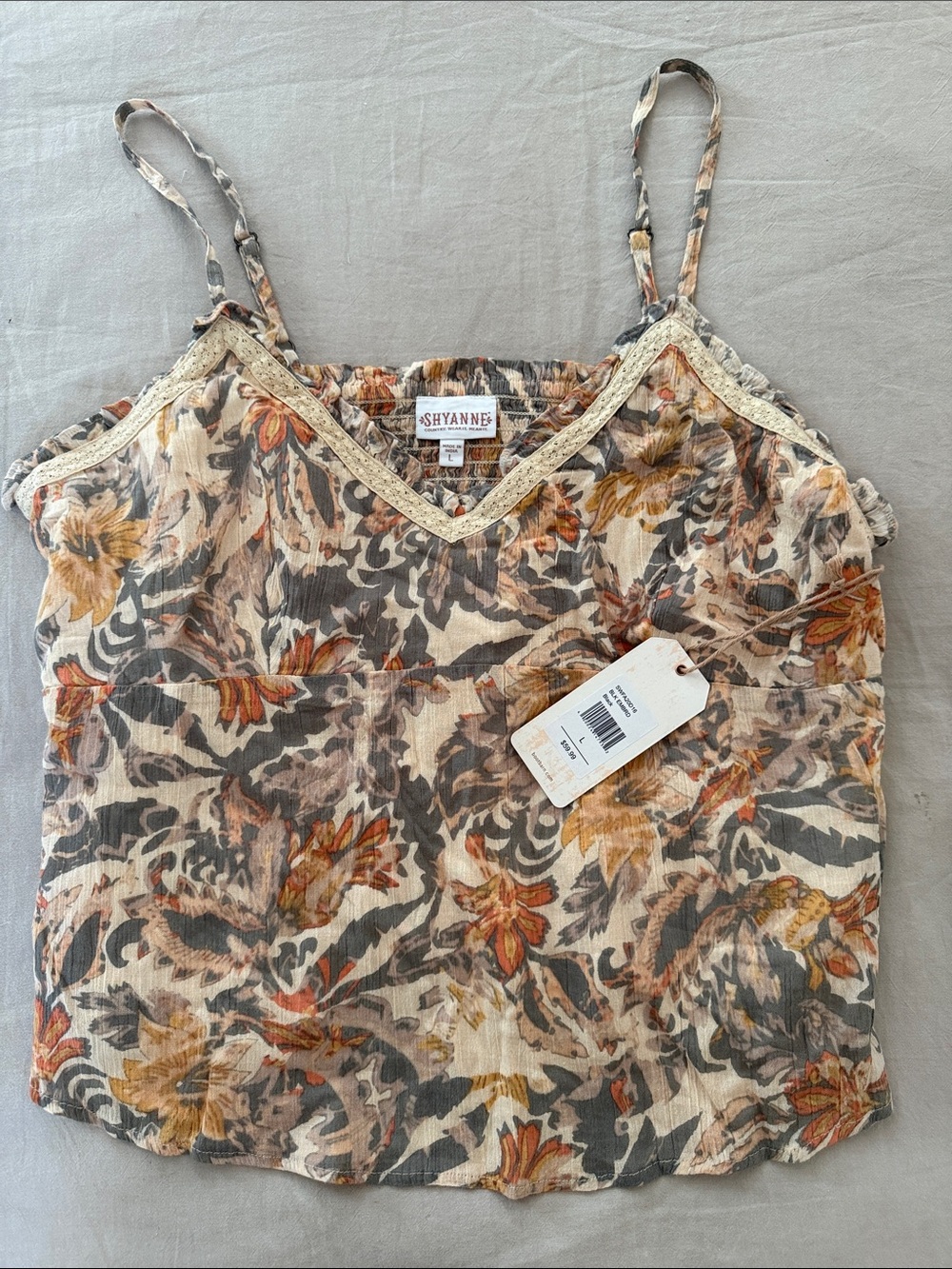 Shyanne Floral Lace-Trim Tank in Cream, Gray & Mustard